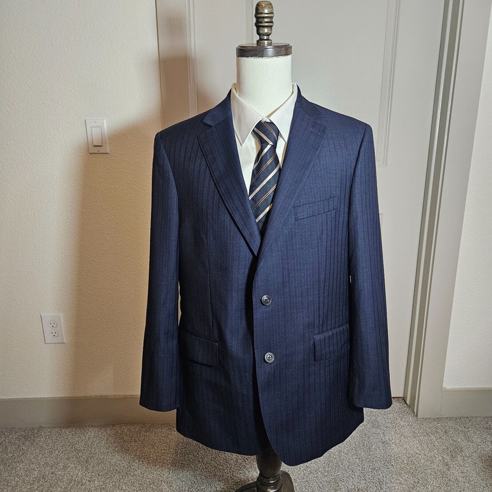 Charles Tyrwhitt 44R Slim Fit Wool Suit Blazer Men Super 100's Navy Pinstriped
